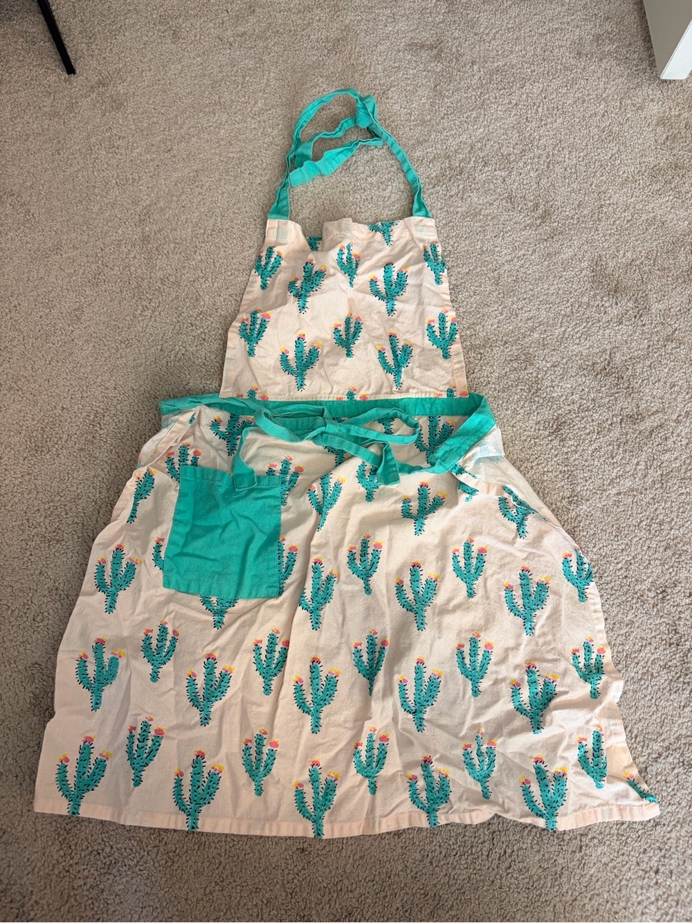 Turquoise Cactus Print Apron with Contrast Pocket
